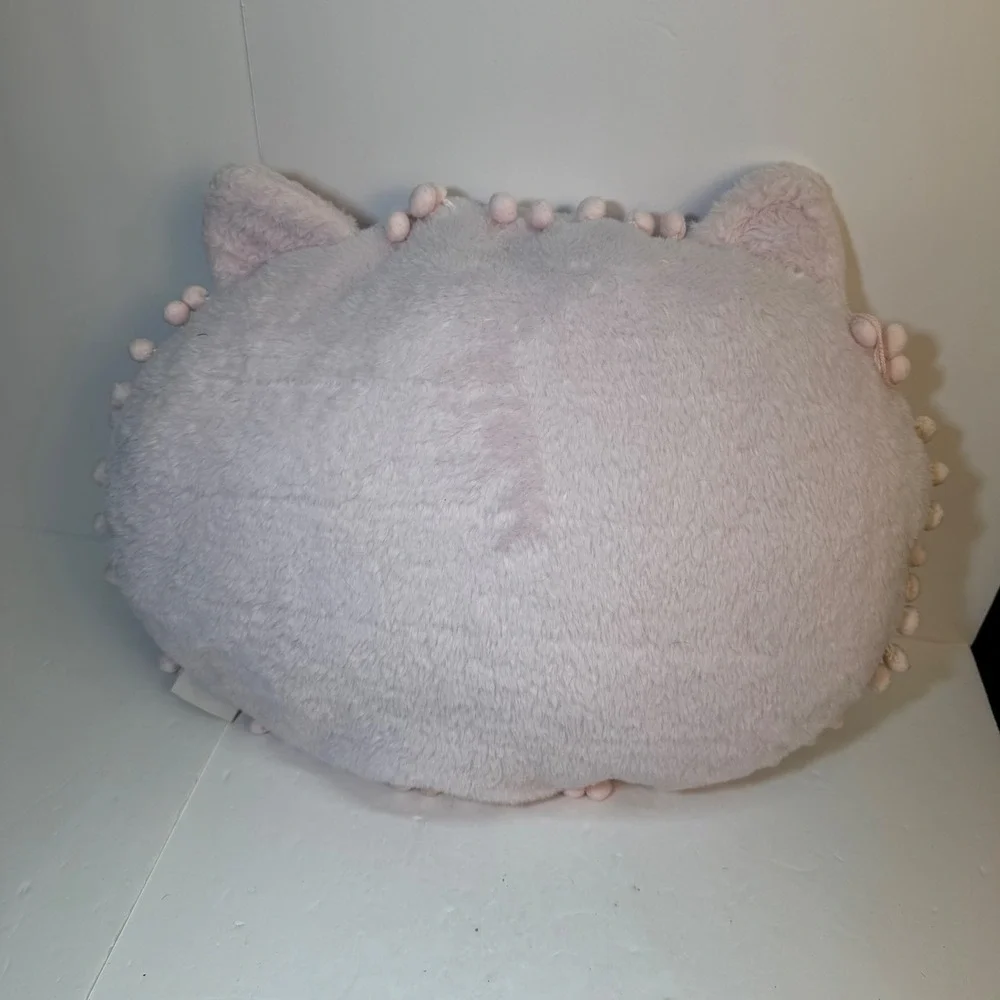 Isaac Mizrahi New York Pink Plush Cat Pillow Pom Pom Trim Decorative Accent